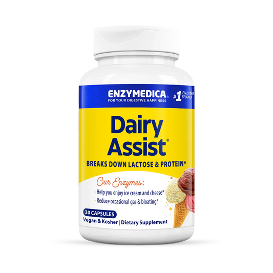 A bottle of Enzymedica Dairy Assist dietary supplement, which is designed to break down lactose and protein from dairy products.