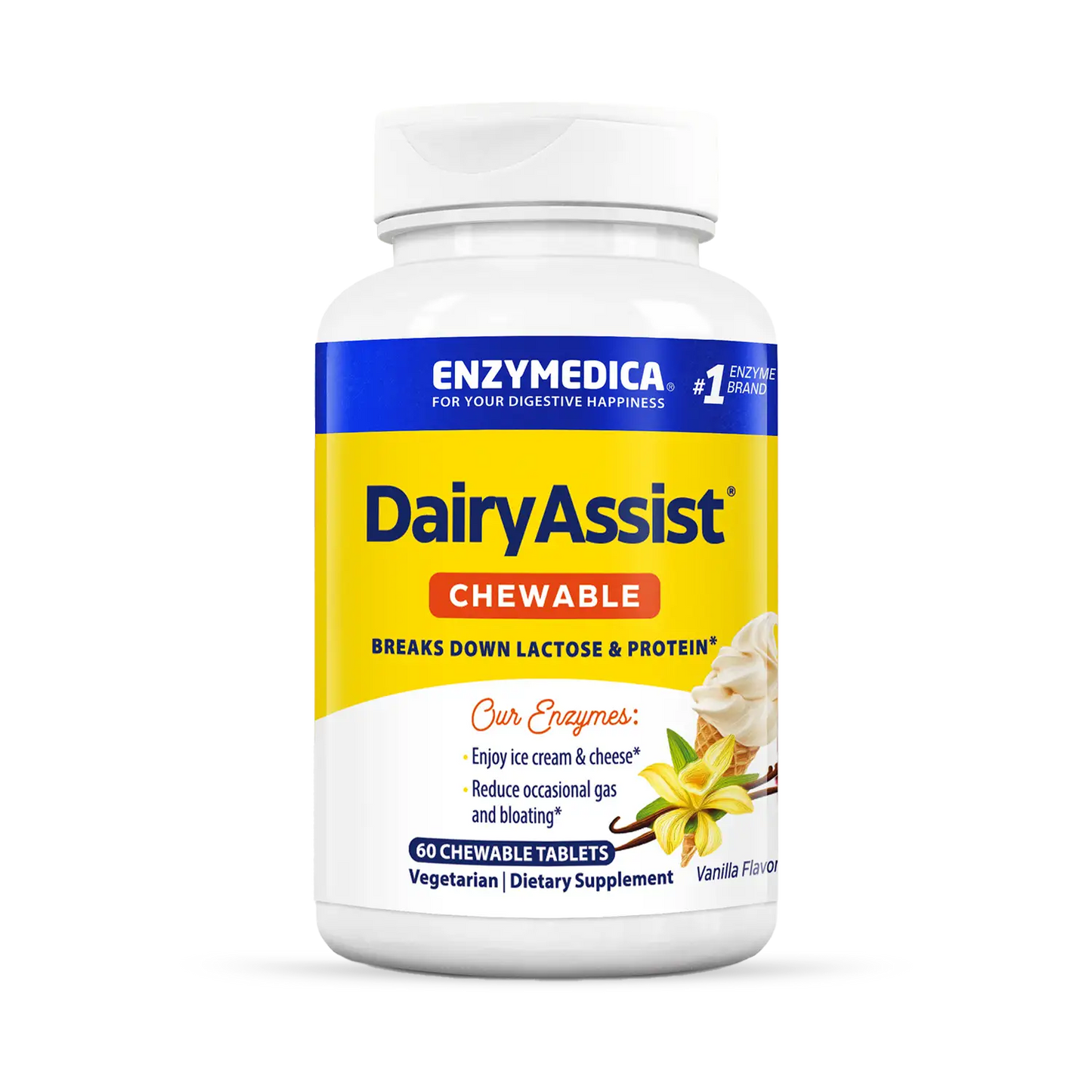A bottle of Enzymedica DairyAssist Chewable tablets for digestion support.