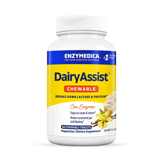 A bottle of Enzymedica DairyAssist Chewable tablets for digestion support.