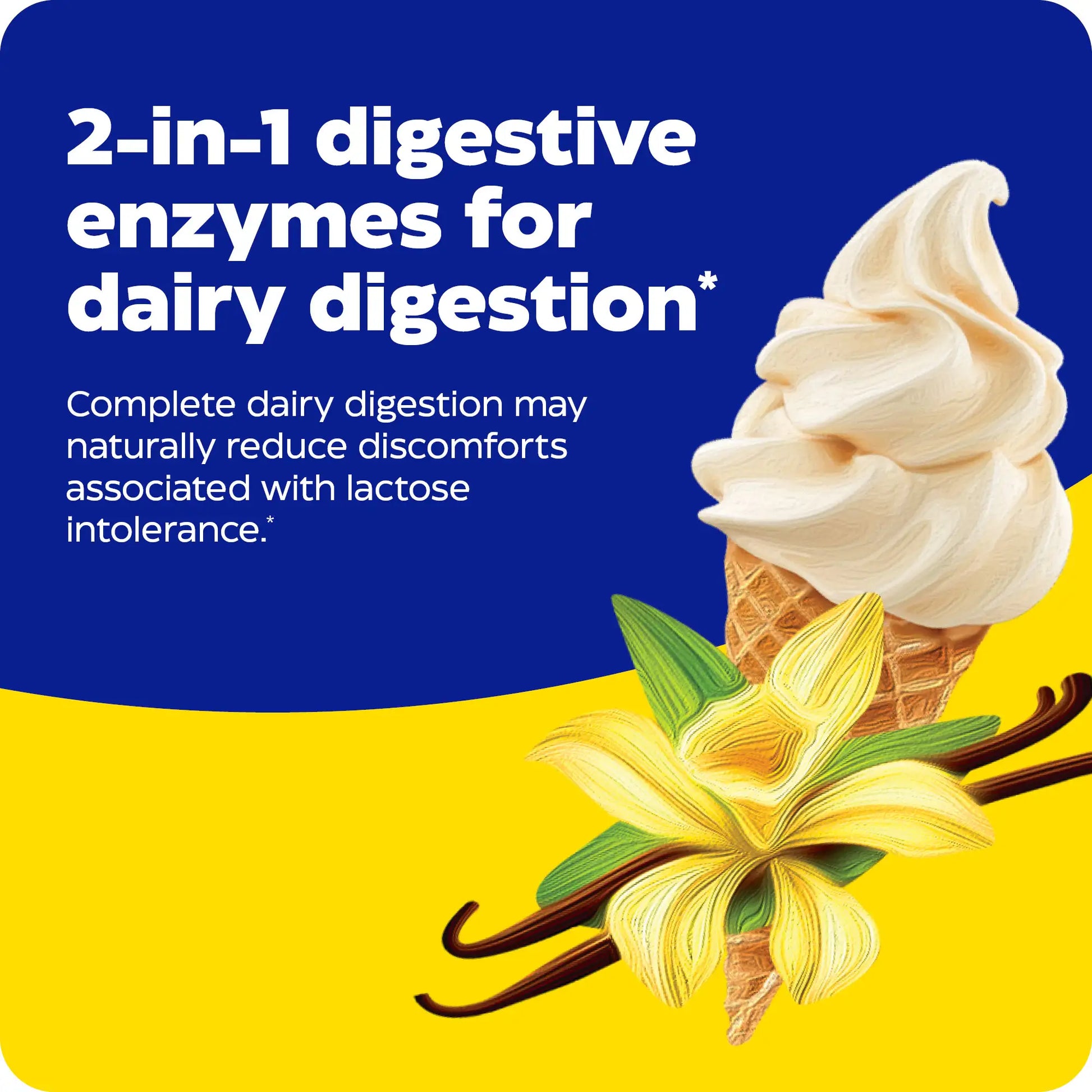 advertisement for dairy assist chewable, 2 in 1 digestive enzymes for dairy digestion