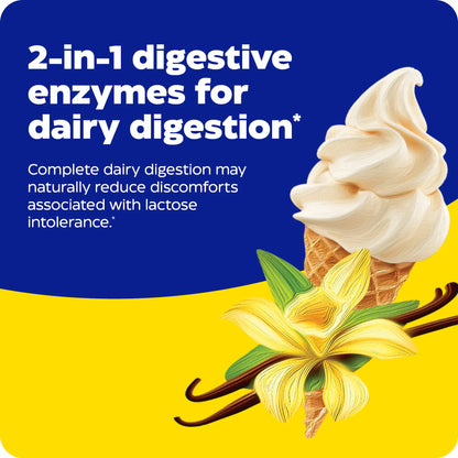 advertisement for dairy assist chewable, 2 in 1 digestive enzymes for dairy digestion