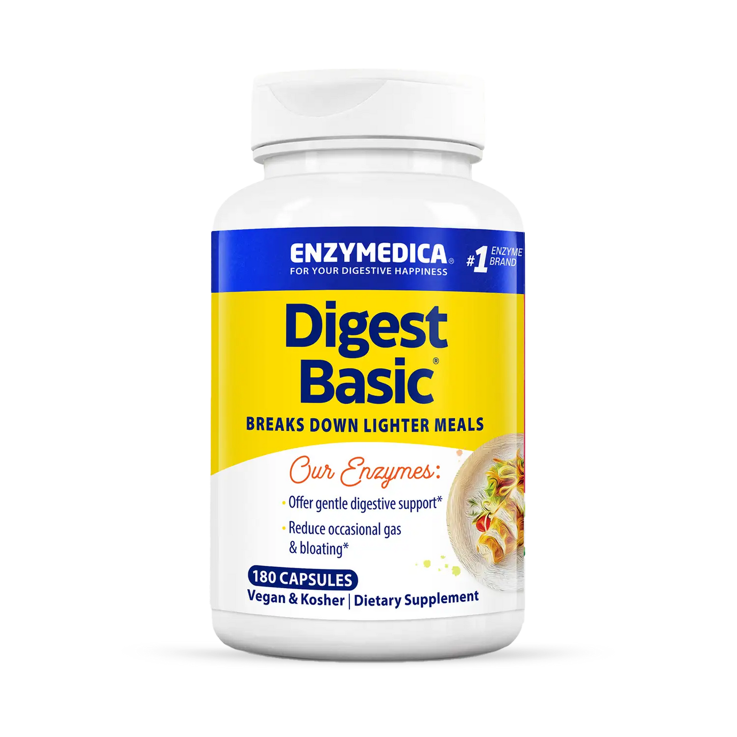 A bottle of Enzymedica Digest Basic dietary supplement capsules. The label is predominantly white and blue with additional text and imagery indicating the product is for digestive support.