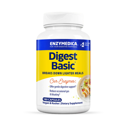 A bottle of Enzymedica Digest Basic dietary supplement capsules. The label is predominantly white and blue with additional text and imagery indicating the product is for digestive support.