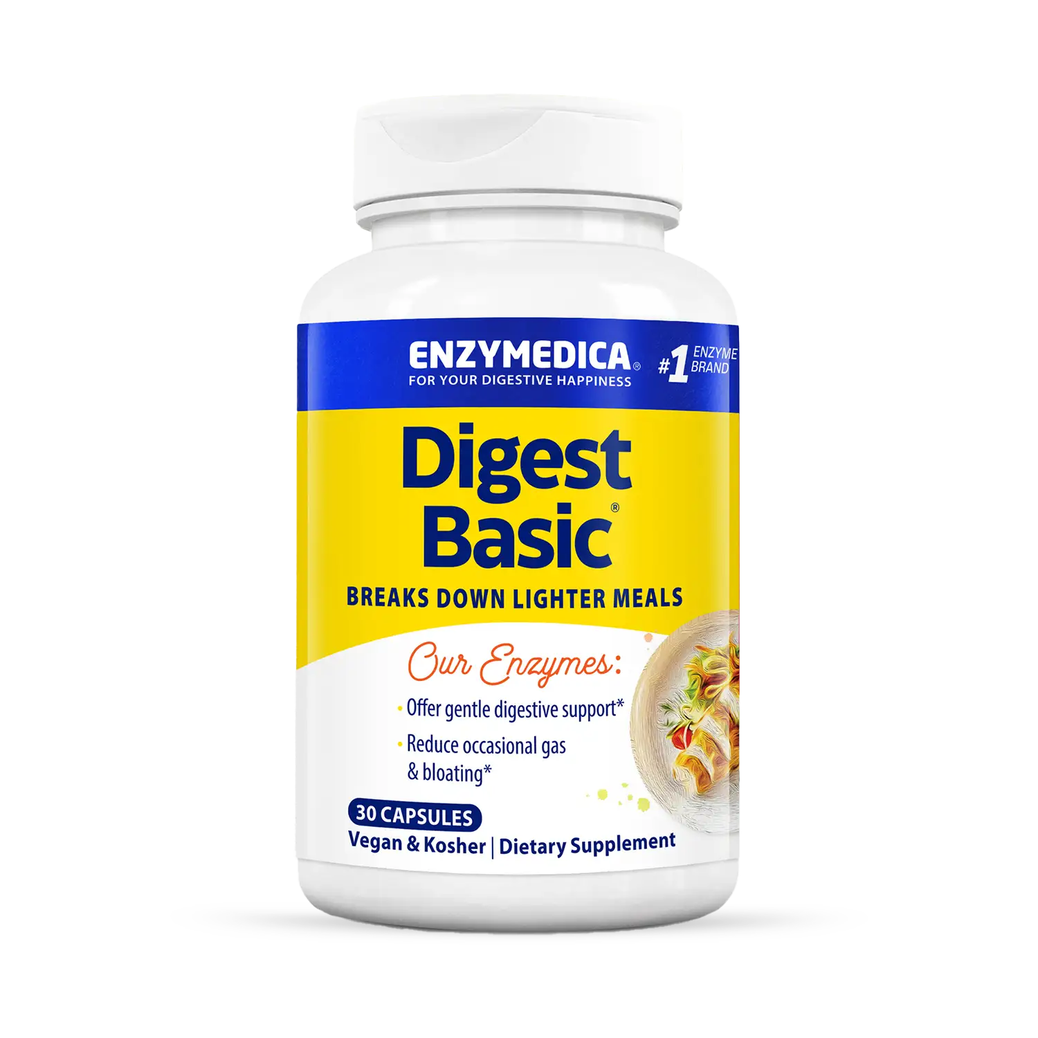 A bottle of Enzymedica Digest Basic dietary supplement capsules. The label is predominantly white and blue with additional text and imagery indicating the product is for digestive support.