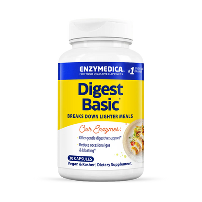 A bottle of Enzymedica Digest Basic dietary supplement capsules. The label is predominantly white and blue with additional text and imagery indicating the product is for digestive support.