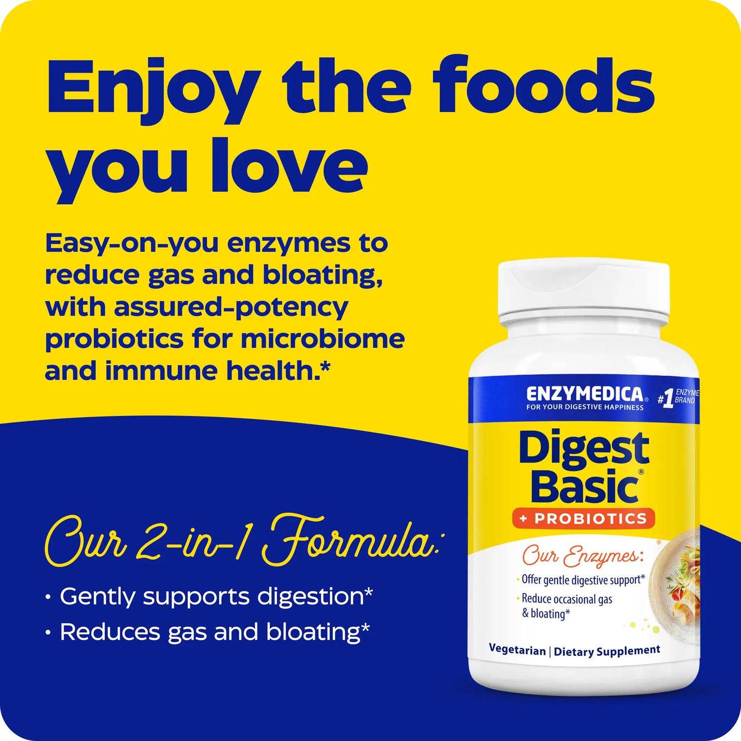 advertisement for digest basic probiotics, enjoy the foods you love