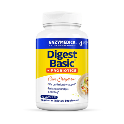 A bottle of Enzymedica Digest Basic + Probiotics dietary supplement with 90 capsules. The label is predominantly white and blue with additional text and imagery indicating the product is for digestive support.