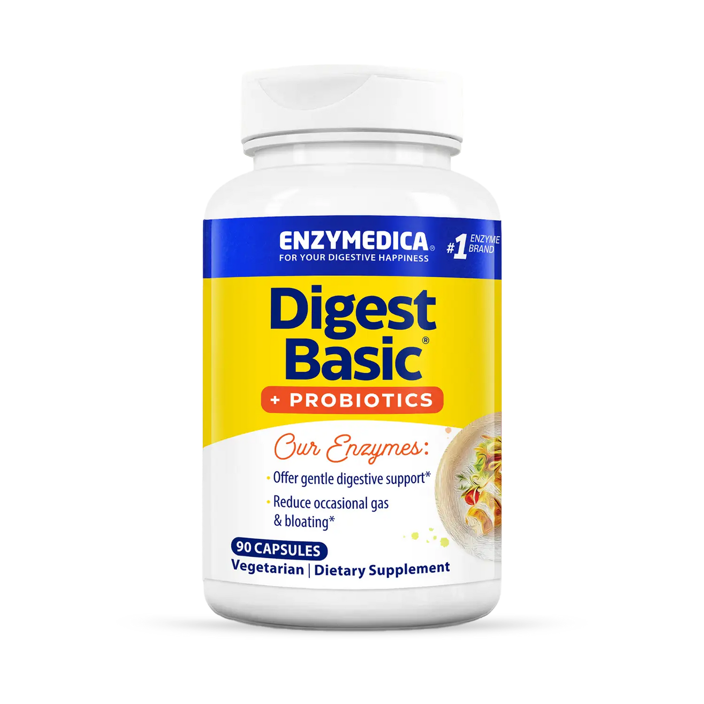 A bottle of Enzymedica Digest Basic + Probiotics dietary supplement with 90 capsules. The label is predominantly white and blue with additional text and imagery indicating the product is for digestive support.