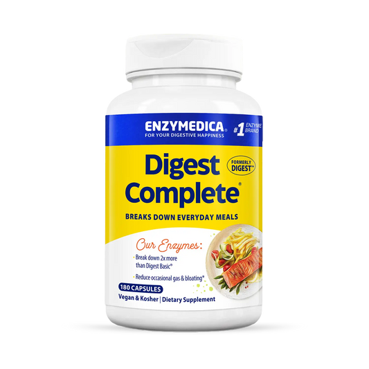 A bottle of Enzymedica Digest Complete dietary supplement capsules.