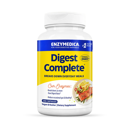 A bottle of Enzymedica Digest Complete dietary supplement capsules.