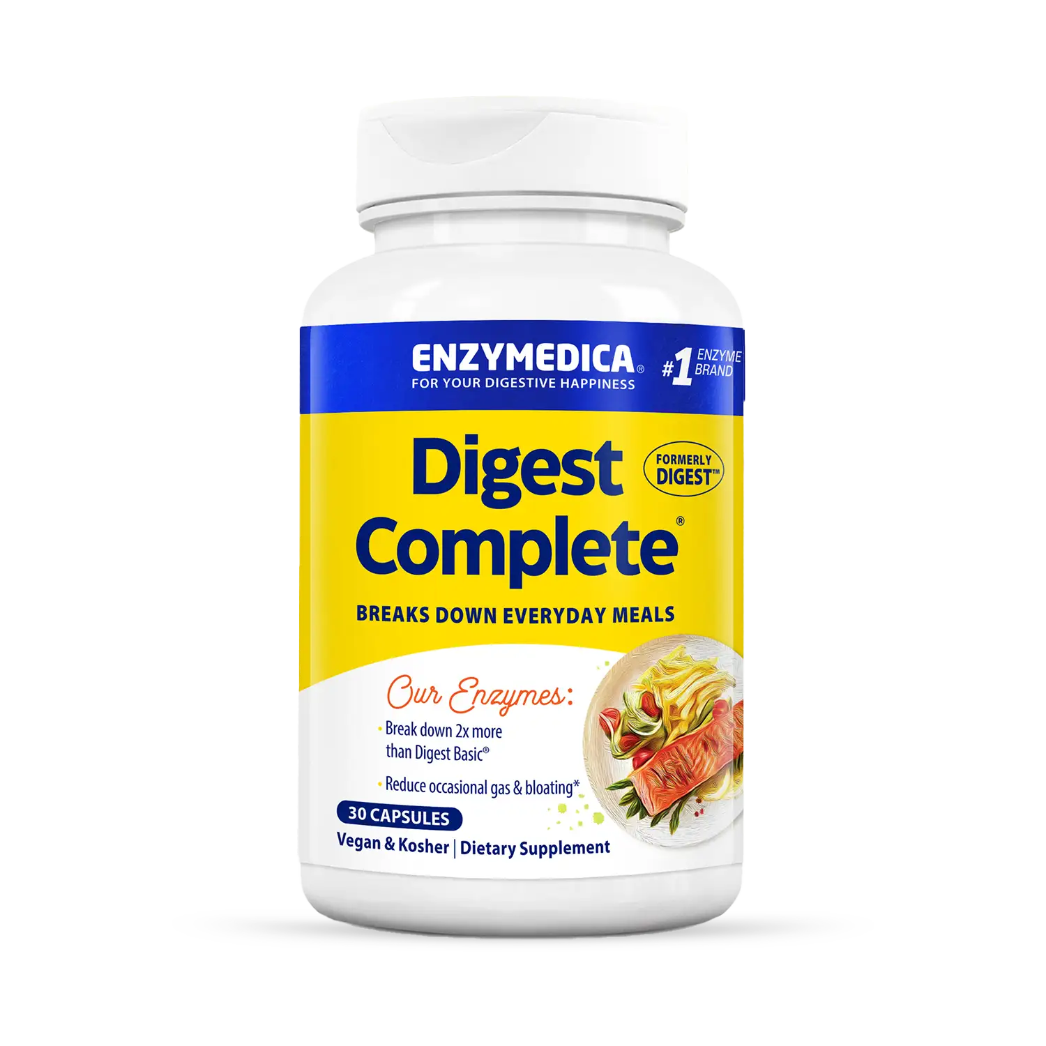 A bottle of Enzymedica Digest Complete dietary supplement capsules.