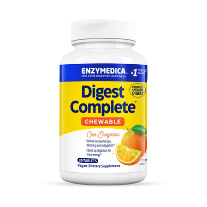 A bottle of Enzymedica Digest Complete Chewable in orange flavor. The label shows the product name, the number of tablets (60), and mentions that it is sweetened with natural xylitol and vegan.
