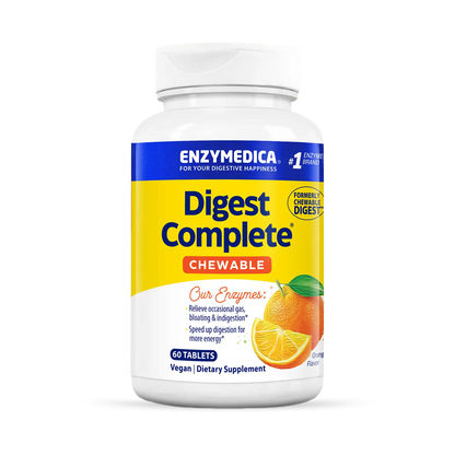 A bottle of Enzymedica Digest Complete Chewable in orange flavor. The label shows the product name, the number of tablets (60), and mentions that it is sweetened with natural xylitol and vegan.