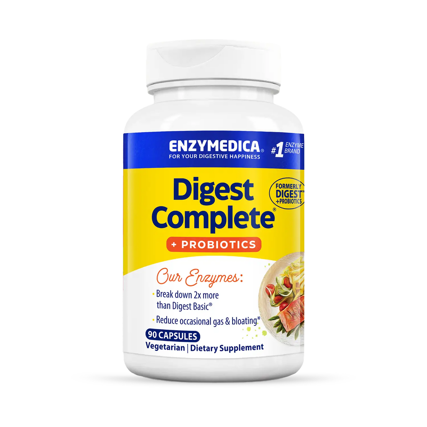 A bottle of Enzymedica Digest Complete with Probiotics dietary supplement.