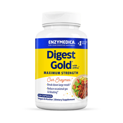 A bottle of Enzymedica Digest Gold maximum strength digestive enzyme formula, with a label showing the brand name, product name, and additional information.