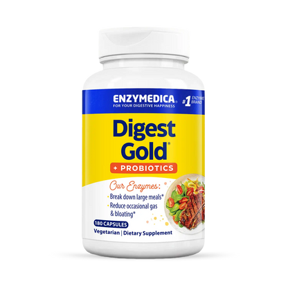 A bottle of Enzymedica Digest Gold Probiotics dietary supplement.