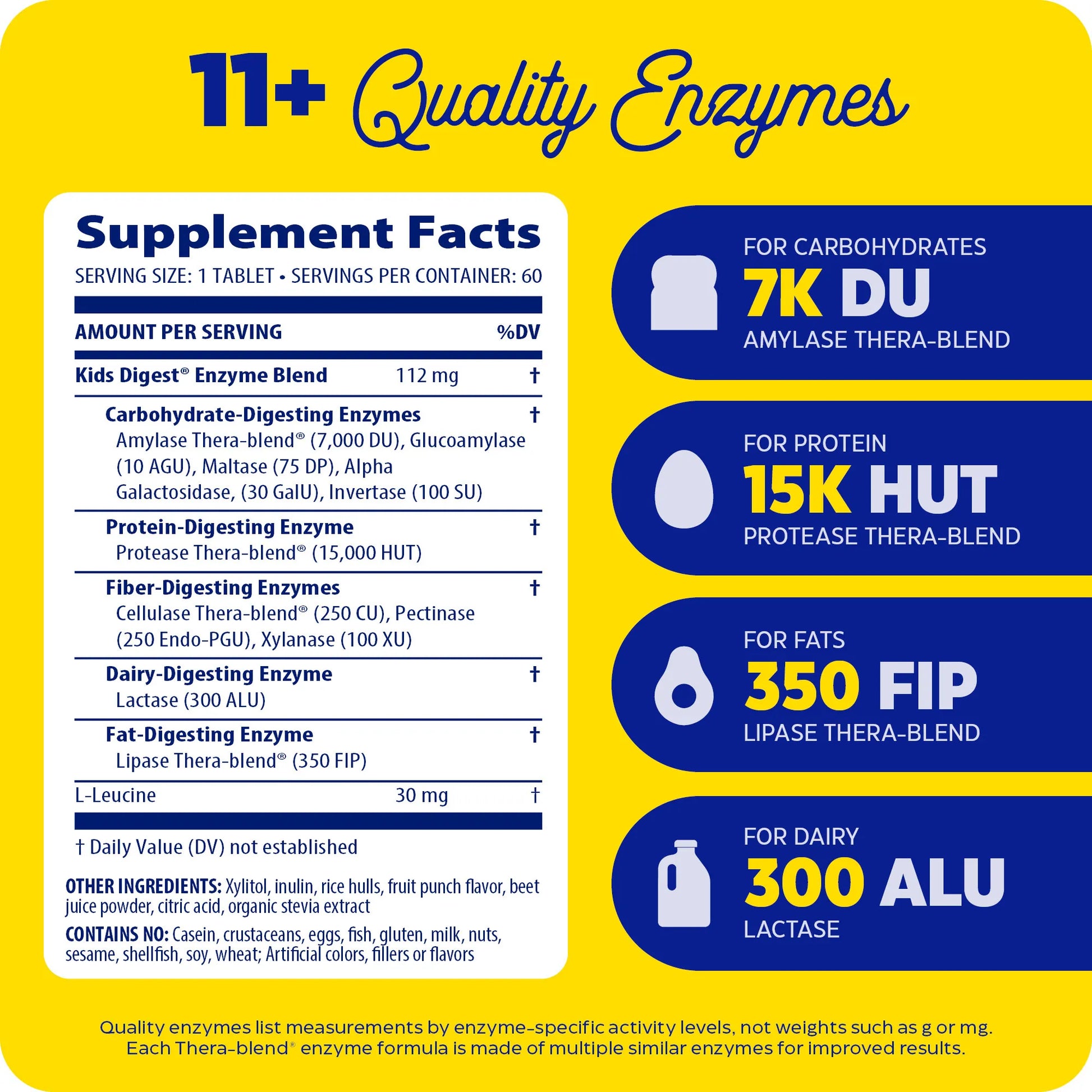 Supplement facts and 11+ quality enzymes for digest kids chewable