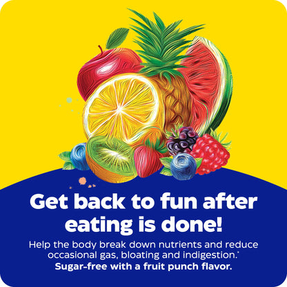 advertisement for digest kids chewable, get back to fun after eating is done