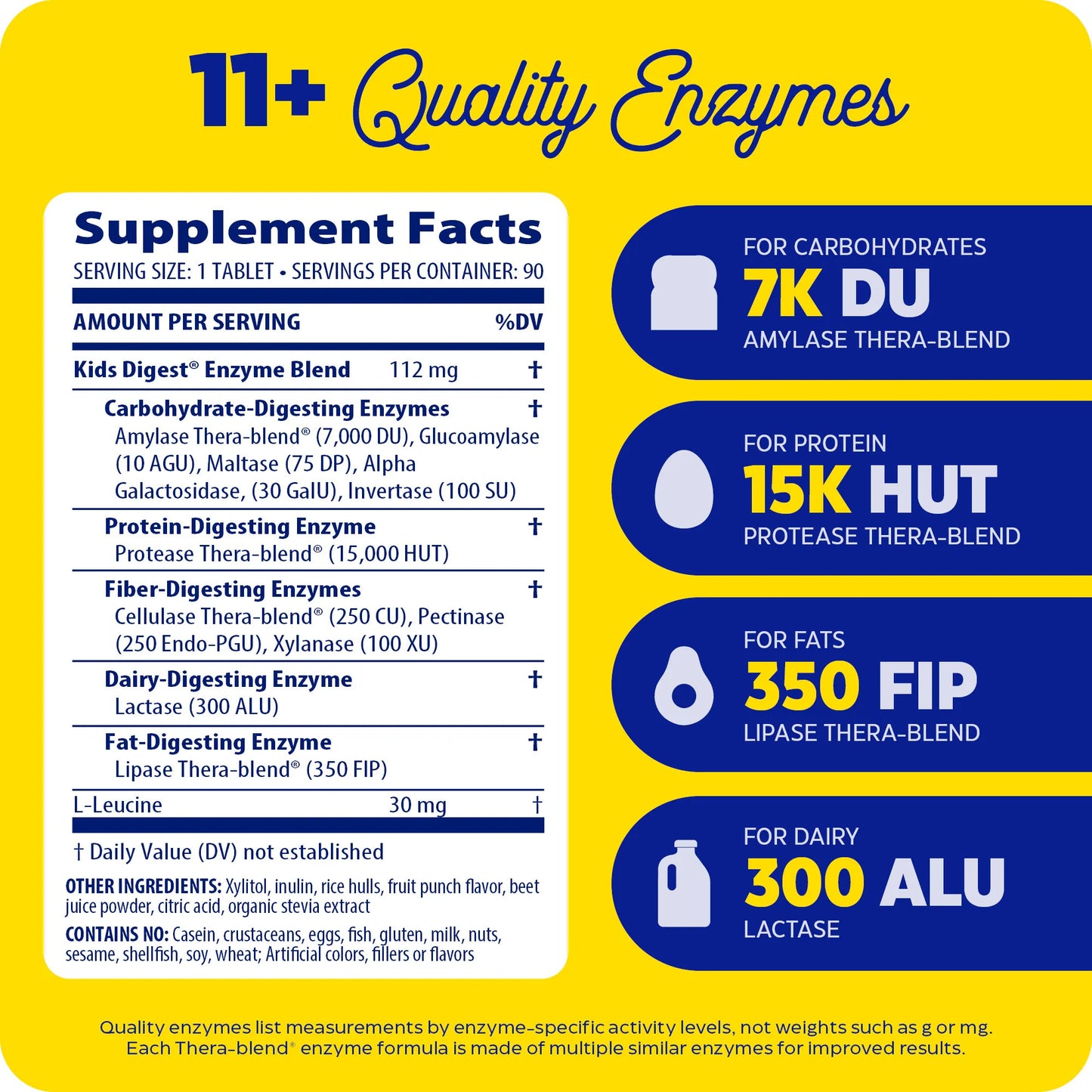 Supplement facts and 11+ Quality Enzymes for Digest Kids Chewable