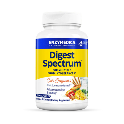 A bottle of Enzymedica Digest Spectrum dietary supplement, which is designed for multiple food intolerances.
