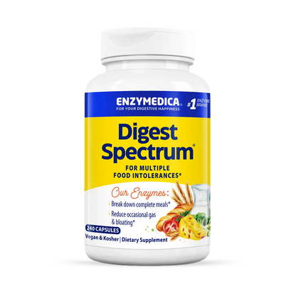 A bottle of Enzymedica Digest Spectrum dietary supplement, which is designed for multiple food intolerances.