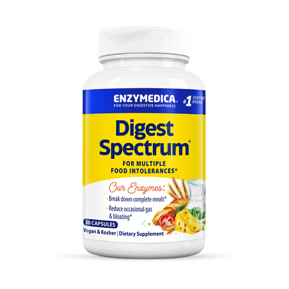 A bottle of Enzymedica Digest Spectrum dietary supplement, which is designed for multiple food intolerances.