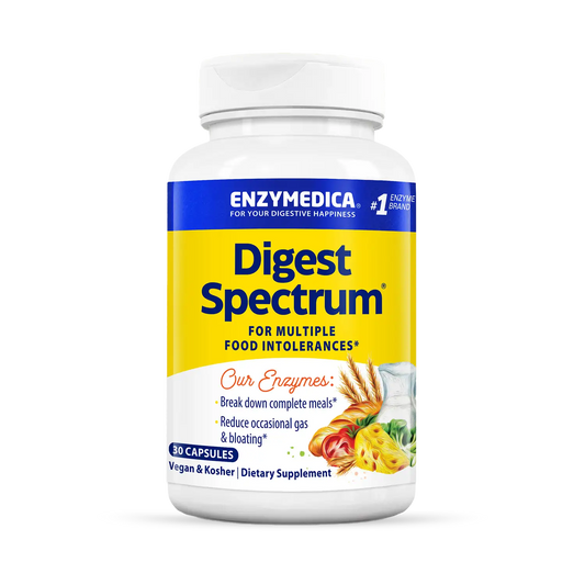 A bottle of Enzymedica Digest Spectrum dietary supplement, which is designed for multiple food intolerances.