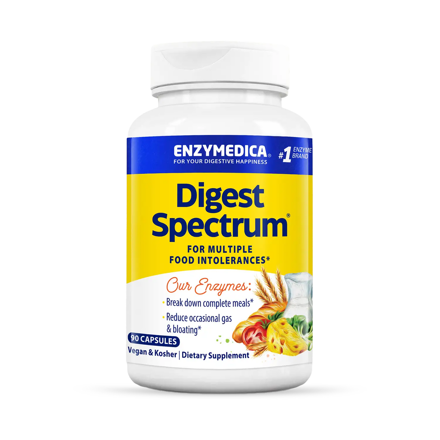 A bottle of Enzymedica Digest Spectrum dietary supplement, which is designed for multiple food intolerances.