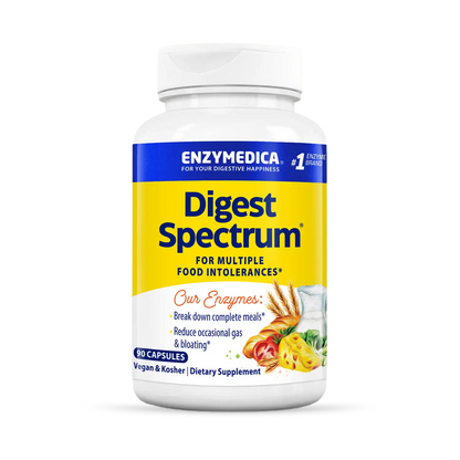A bottle of Enzymedica Digest Spectrum dietary supplement, which is designed for multiple food intolerances.