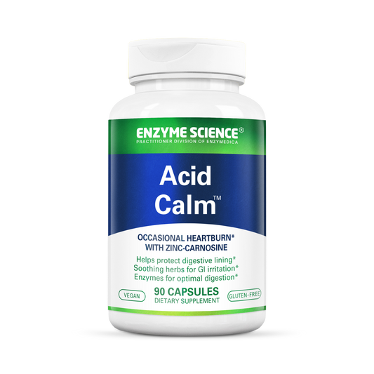 A bottle of 'Acid Calm' dietary supplement by Enzyme Science, with 90 capsules inside, designed for occasional heartburn and digestive comfort.