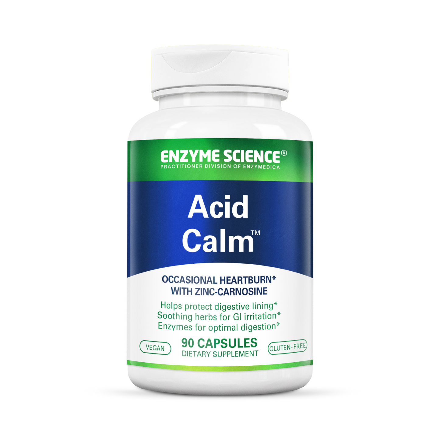 A bottle of 'Acid Calm' dietary supplement by Enzyme Science, with 90 capsules inside, designed for occasional heartburn and digestive comfort.