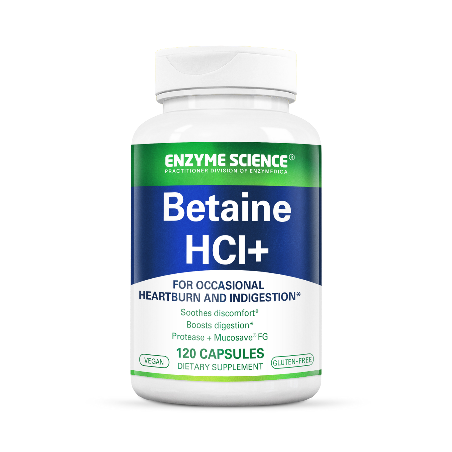 A bottle of Enzyme Science Betaine HCl+ dietary supplement with 120 capsules for occasional heartburn and indigestion.