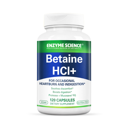 A bottle of Enzyme Science Betaine HCl+ dietary supplement with 120 capsules for occasional heartburn and indigestion.