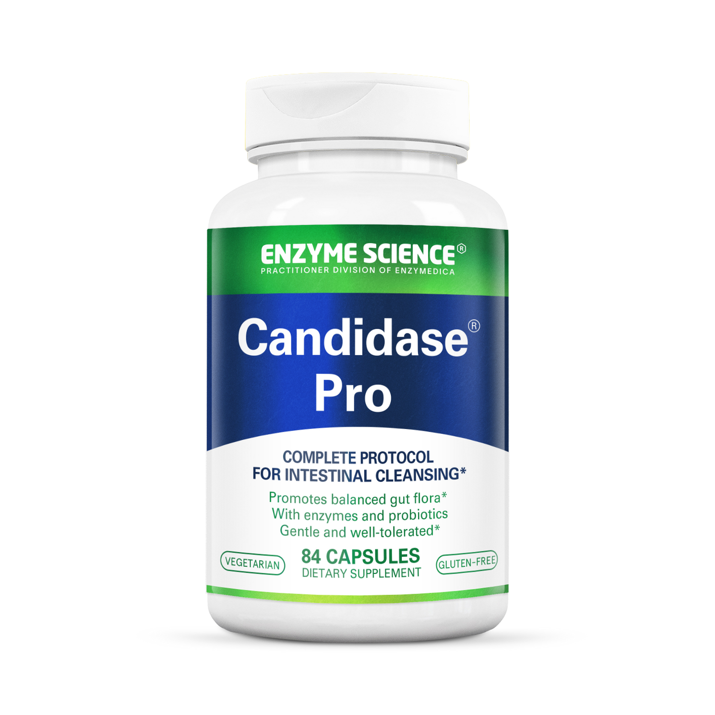 A bottle of Candidase Pro dietary supplement with 84 capsules, marketed for intestinal cleansing and promoting balanced gut flora.