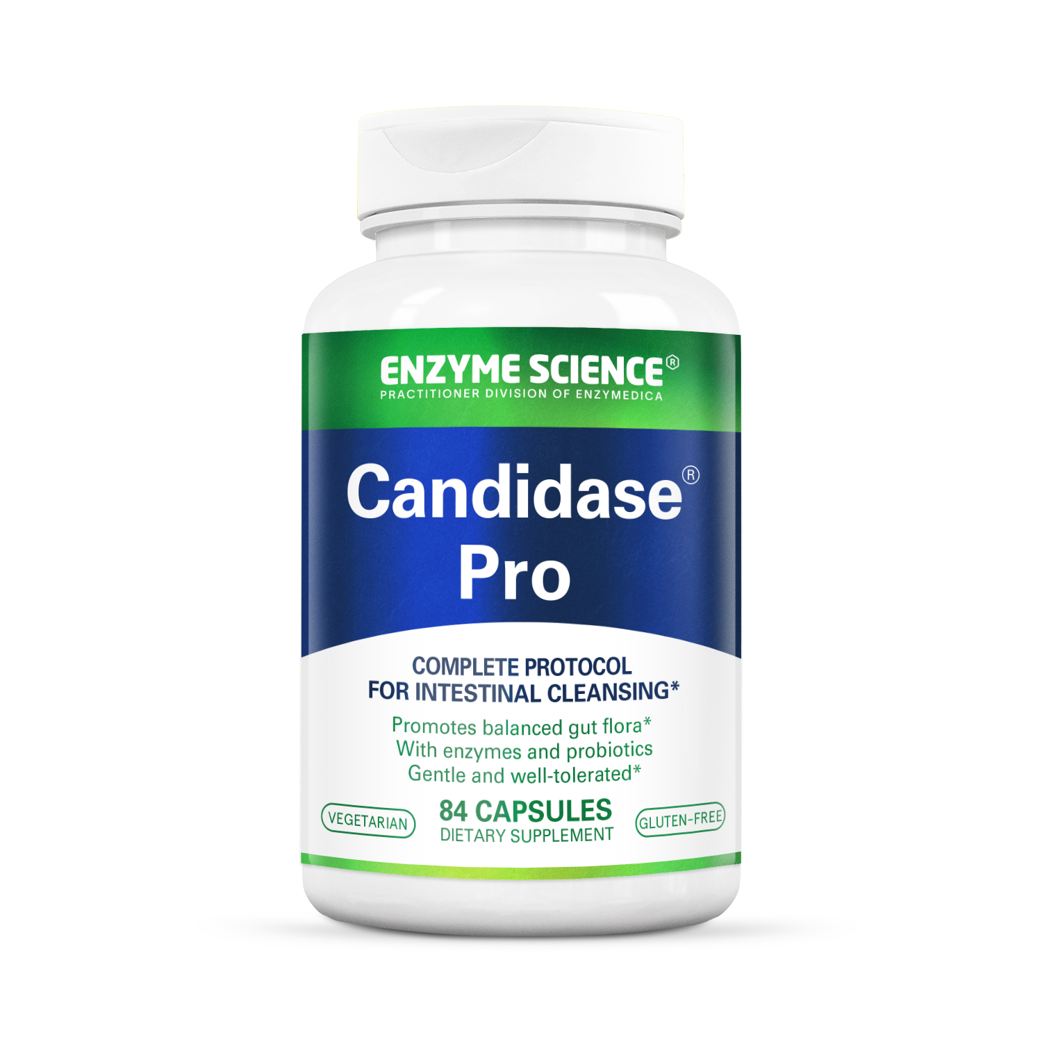 A bottle of Candidase Pro dietary supplement with 84 capsules, marketed for intestinal cleansing and promoting balanced gut flora.