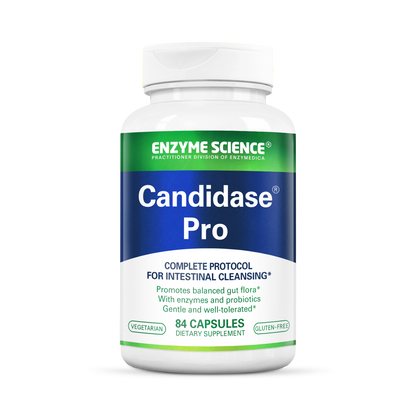 A bottle of Candidase Pro dietary supplement with 84 capsules, marketed for intestinal cleansing and promoting balanced gut flora.