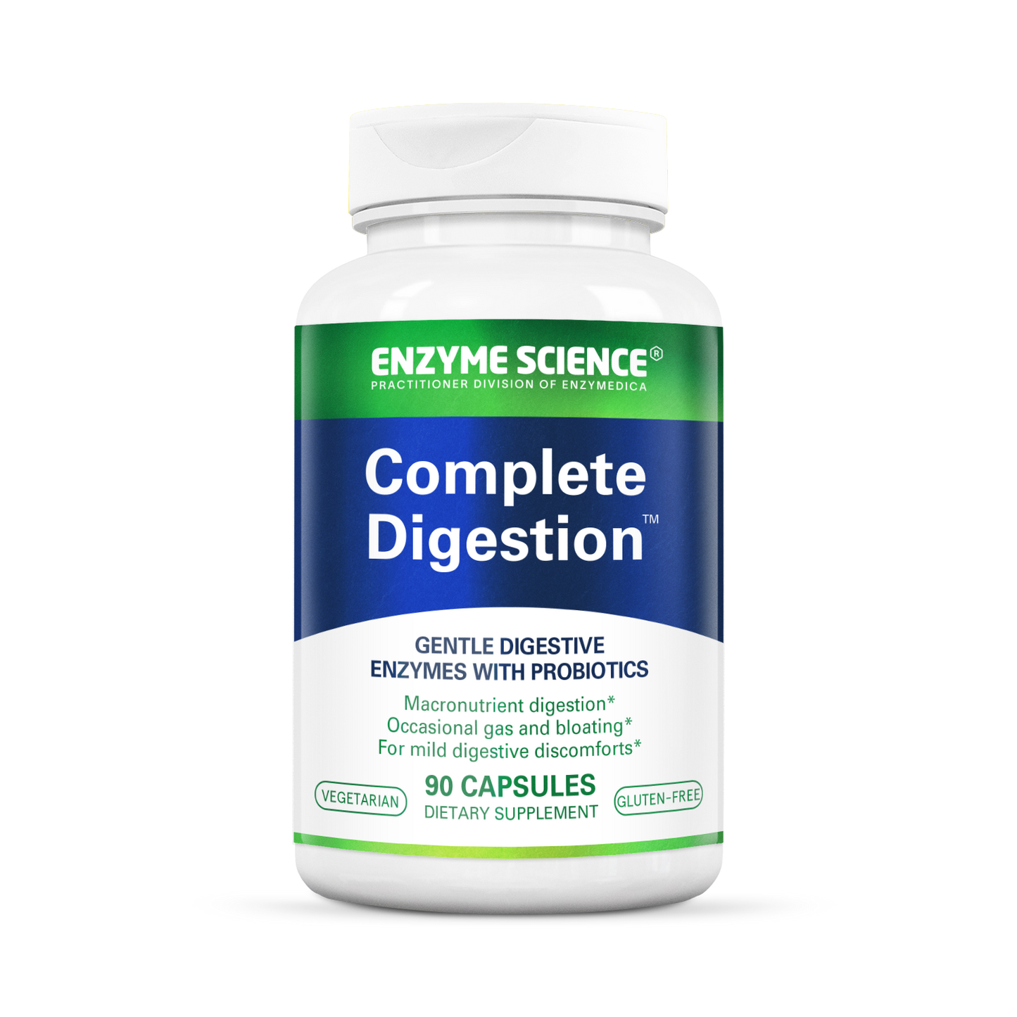 A bottle of Complete Digestion dietary supplement by Enzyme Science, containing 90 capsules with a label displaying key information such as being vegan friendly.