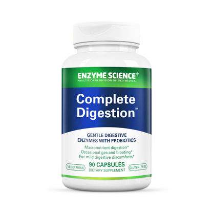 A bottle of Complete Digestion dietary supplement by Enzyme Science, containing 90 capsules with a label displaying key information such as being vegan friendly.
