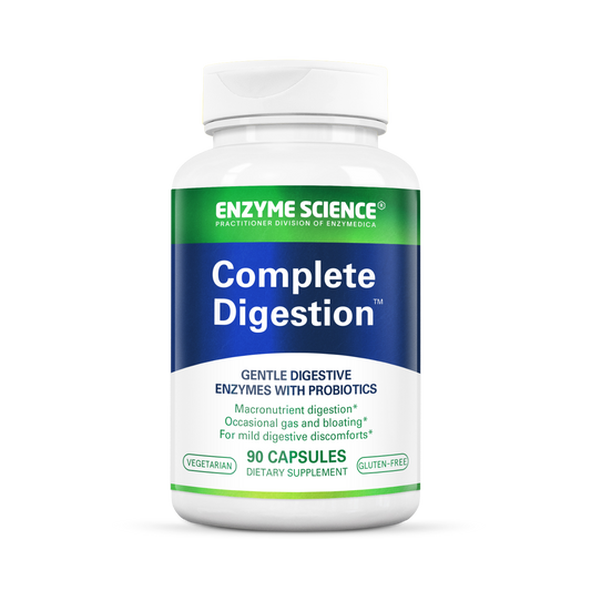 A bottle of Complete Digestion dietary supplement by Enzyme Science, containing 90 capsules with a label displaying key information such as being vegan friendly.