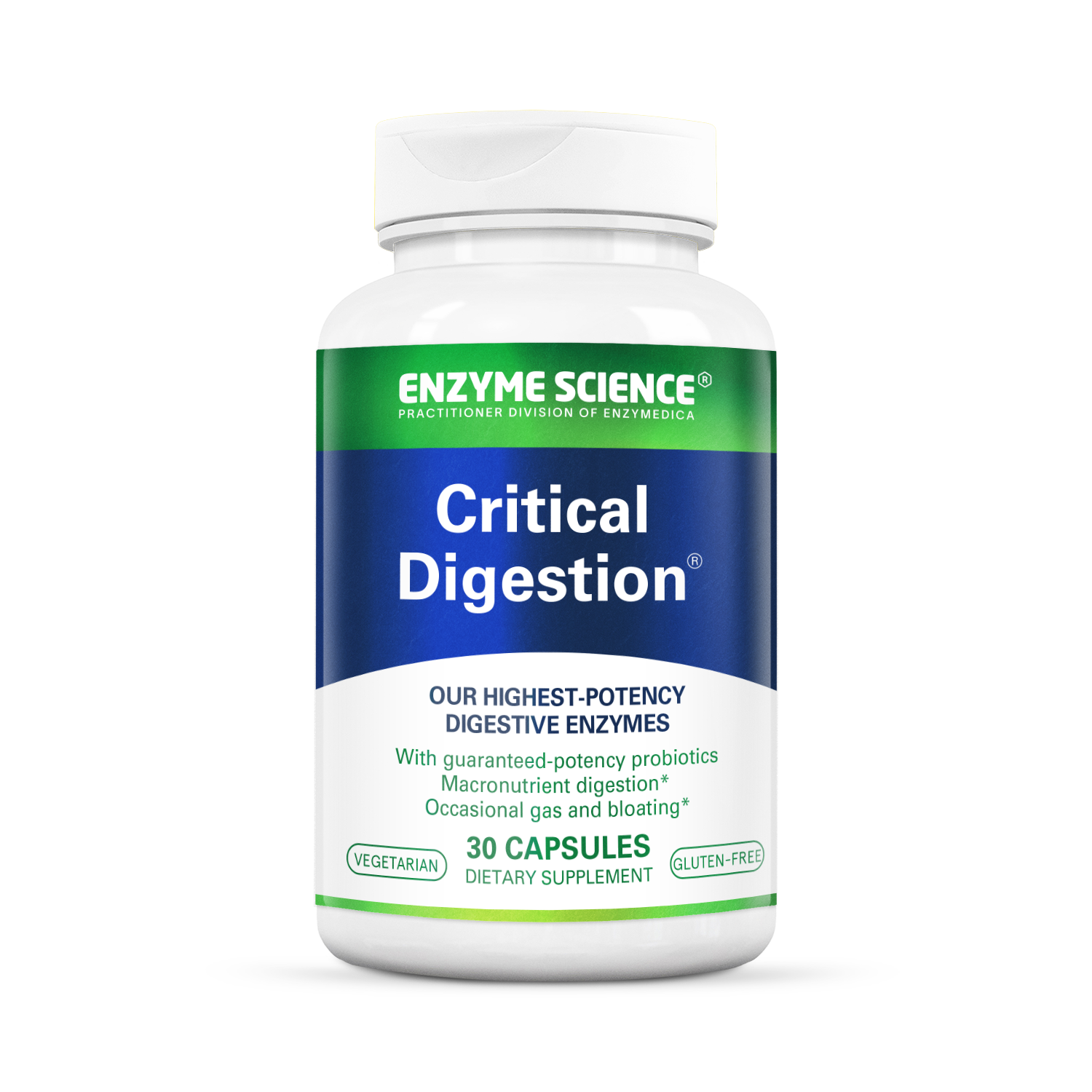 A bottle of 'Critical Digestion' dietary supplement by Enzyme Science, containing 30 capsules for digestion support.