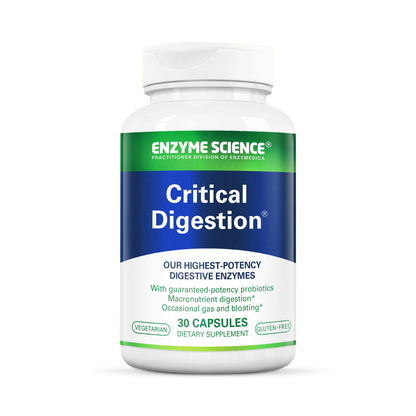 A bottle of 'Critical Digestion' dietary supplement by Enzyme Science, containing 30 capsules for digestion support.