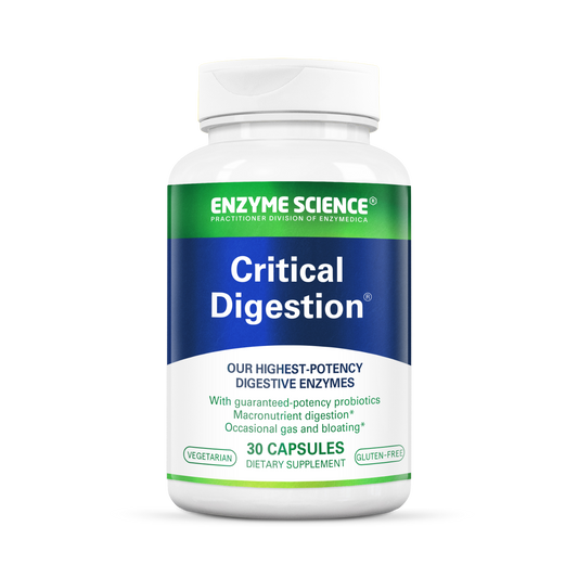 A bottle of 'Critical Digestion' dietary supplement by Enzyme Science, containing 30 capsules for digestion support.