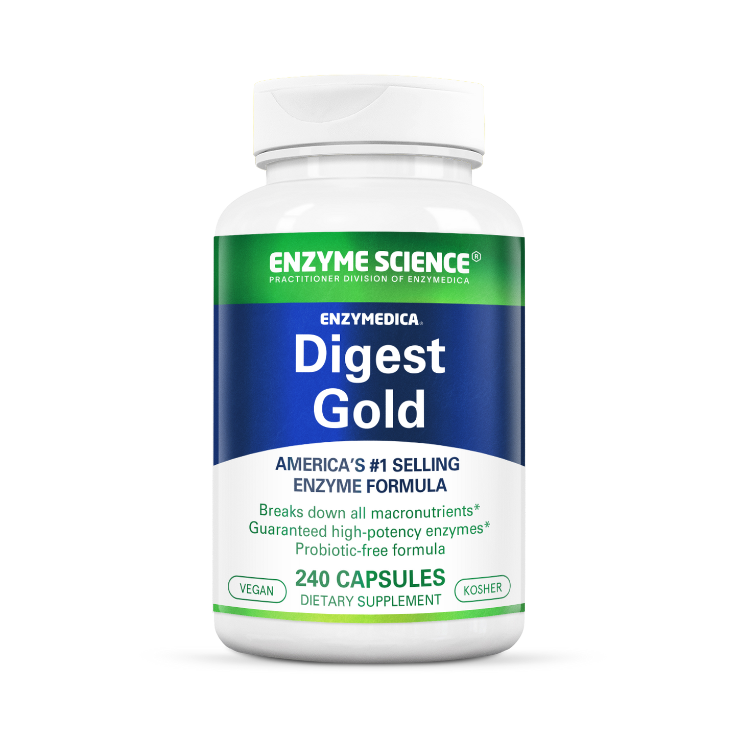 A bottle of Enzymedica Digest Gold, a dietary supplement by Enzyme Science, with 240 capsules inside. The label indicates it is a vegan product.
