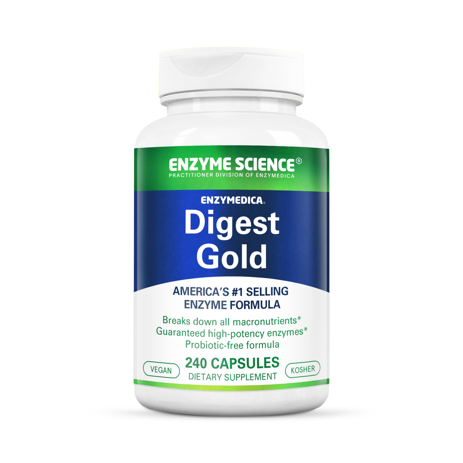 A bottle of Enzymedica Digest Gold, a dietary supplement by Enzyme Science, with 240 capsules inside. The label indicates it is a vegan product.