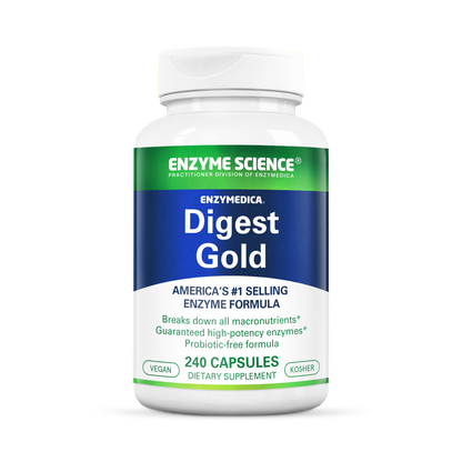 A bottle of Enzymedica Digest Gold, a dietary supplement by Enzyme Science, with 240 capsules inside. The label indicates it is a vegan product.