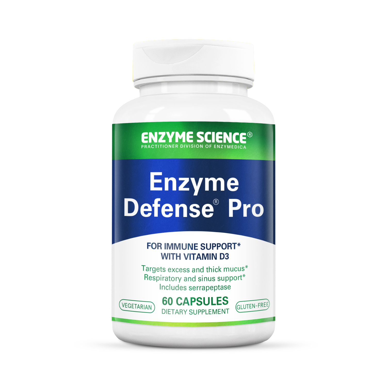 A bottle of Enzyme Defense Pro supplements with 60 capsules, manufactured by Enzyme Science, for immune support.
