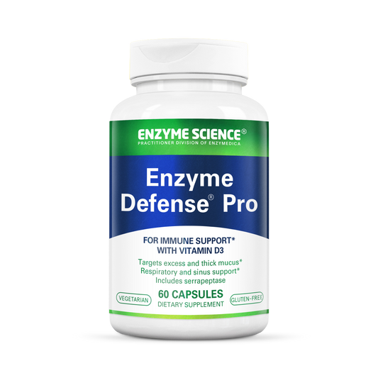 A bottle of Enzyme Defense Pro supplements with 60 capsules, manufactured by Enzyme Science, for immune support.