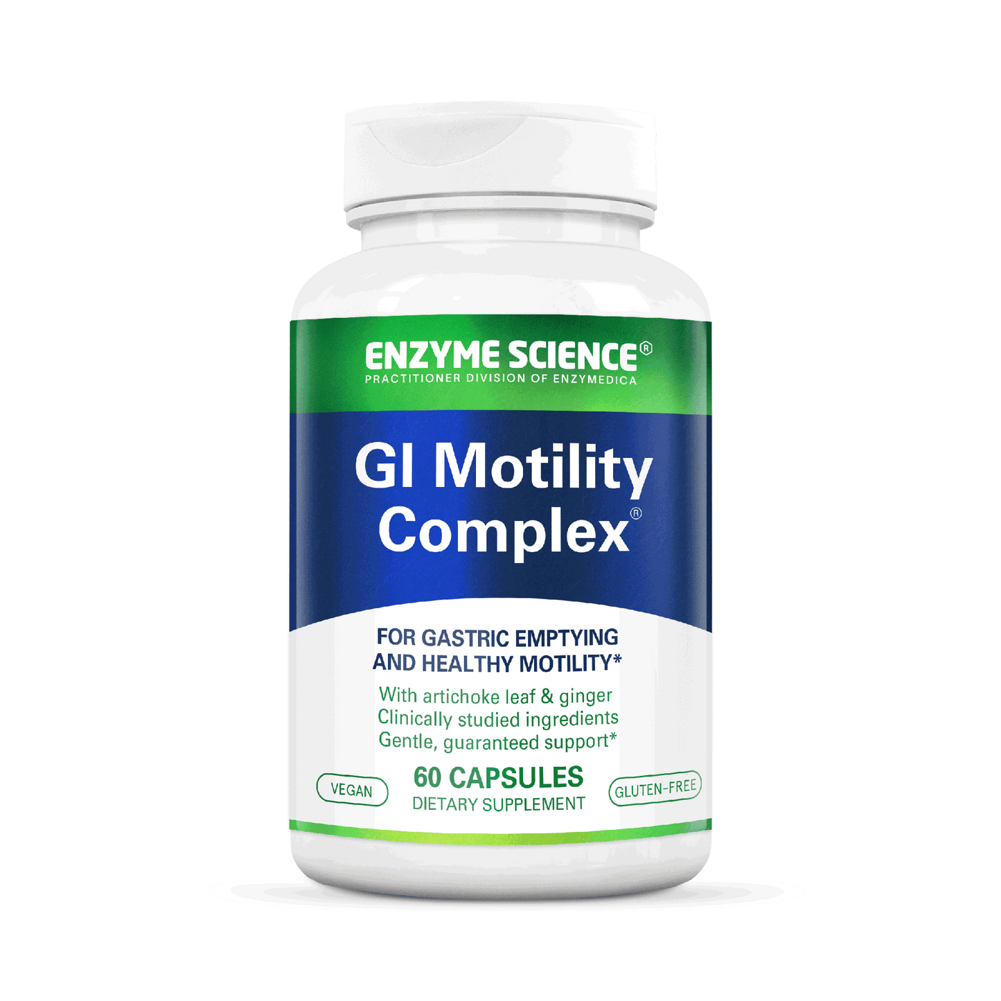 A bottle of Enzyme Science GI Motility Complex dietary supplement with 60 capsules, for gastric emptying and healthy motility, with artichoke leaf and ginger as ingredients.
