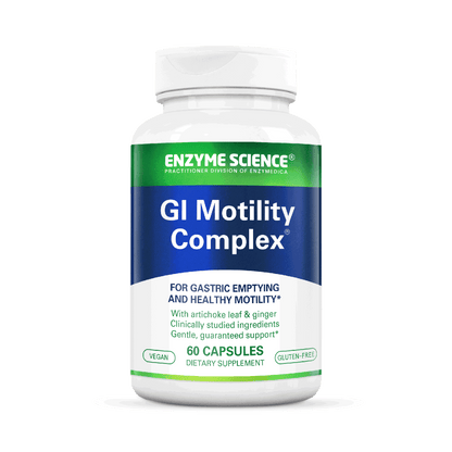 A bottle of Enzyme Science GI Motility Complex dietary supplement with 60 capsules, for gastric emptying and healthy motility, with artichoke leaf and ginger as ingredients.