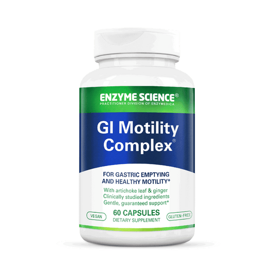A bottle of Enzyme Science GI Motility Complex dietary supplement with 60 capsules, for gastric emptying and healthy motility, with artichoke leaf and ginger as ingredients.